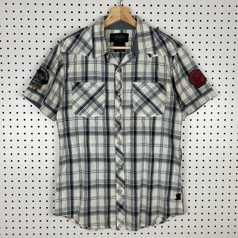 Harley Davidson Motorcycle Mechanic Shirt Medium Pearl Snap Plaid Patch Work